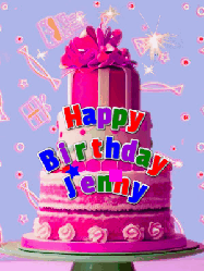 Happy Birthday Jenny GIF: A big beautiful birthday cake gif with falling confetti, sparklers, and balloons, reads Happy Birthday Name. Customize it.