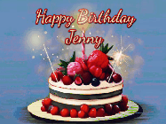 Happy Birthday Jenny GIF: Animated GIF of a birthday cake covered in berries with 2 sparklers and a candle, reads Happy Birthday Name. Customize it.