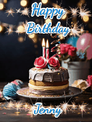 Happy Birthday Jenny GIF: Sparkles and glitter happy birthday gif with a cake and flickering candles and sparklers behind the words happy birthday customize
