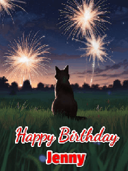 Happy Birthday Jenny GIF: An animated gif at night showing the backside of a sitting cat who watches sparkle and fireworks over a meadow. Customize name and happy birthday.