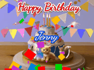Happy Birthday Jenny GIF: Happy Birthday Cake GIF with a cat, lamb, and squirrel on the cake with flickering candles, a sparkler, and falling confetti. Reads Happy Birthday Name and you can customize the name