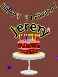 Happy Birthday Jeremy GIF: Animated birthday gif of a chocolate cartoon cake and stars. Animated text can be customized with name.