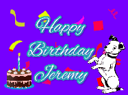 Happy Birthday Jeremy GIF: Silly happy birthday gif with a cute dog in a corner and rainbow animation confetti. Birthday cake in order with candle.