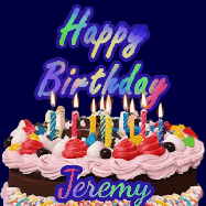 Happy Birthday Jeremy GIF: A dark blue birthday gif with a beautiful cake with flickering candles, background sparkles and a name to customize.