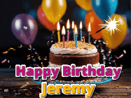 Happy Birthday Jeremy GIF: A birthday cake with flickering candles gif with text reading Happy Birthday and a Name slot to customize