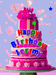Happy Birthday Jeremy GIF: A big beautiful birthday cake gif with falling confetti, sparklers, and balloons, reads Happy Birthday Name. Customize it.