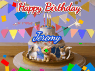 Happy Birthday Jeremy GIF: Happy Birthday Cake GIF with a cat, lamb, and squirrel on the cake with flickering candles, a sparkler, and falling confetti. Reads Happy Birthday Name and you can customize the name