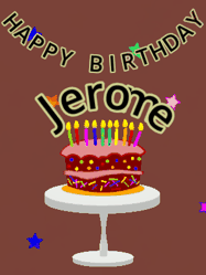 Happy Birthday Jerome GIF: Animated birthday gif of a chocolate cartoon cake and stars. Animated text can be customized with name.