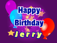 Happy Birthday Jerry GIF: A lovely purple birthday gif animated with moving text, a balloon, and bubbles. Customize it.