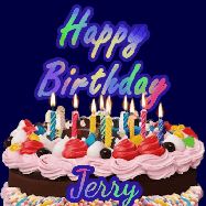 Happy Birthday Jerry GIF: A dark blue birthday gif with a beautiful cake with flickering candles, background sparkles and a name to customize.