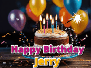 Happy Birthday Jerry GIF: A birthday cake with flickering candles gif with text reading Happy Birthday and a Name slot to customize