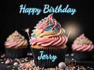 Happy Birthday Jerry GIF: A delicious cupcake gif with animated sparkles reading Happy Birthday with a name to customize