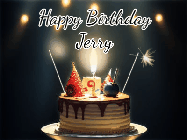 Happy Birthday Jerry GIF: Animated birthday cake gif with sparklers on a dark background. Personalize up to 3 lines of text.