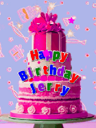 Happy Birthday Jerry GIF: A big beautiful birthday cake gif with falling confetti, sparklers, and balloons, reads Happy Birthday Name. Customize it.