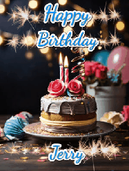 Happy Birthday Jerry GIF: Sparkles and glitter happy birthday gif with a cake and flickering candles and sparklers behind the words happy birthday customize