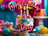 Happy Birthday Jerry GIF: Animated birthday gif with a beautiful colorful birthday can and sparkles in the air. It reads Happy Birthday Customize.