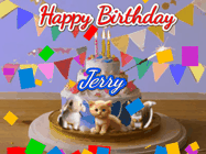 Happy Birthday Jerry GIF: Happy Birthday Cake GIF with a cat, lamb, and squirrel on the cake with flickering candles, a sparkler, and falling confetti. Reads Happy Birthday Name and you can customize the name
