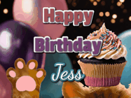 Happy Birthday Jess GIF: Cute Kitten Birthday Cupcake GIF with a cupcake raised by a cats head, then it pulls down text reading Happy Birthday Name