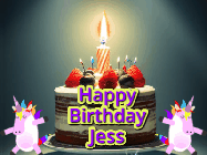 Happy Birthday Jess GIF: An animated gif with 2 unicorns and a birthday candle on a cake.