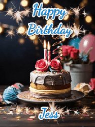 Happy Birthday Jess GIF: Sparkles and glitter happy birthday gif with a cake and flickering candles and sparklers behind the words happy birthday customize