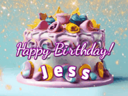 Happy Birthday Jess GIF: A beautiful birthday cake gif with animated sparkles and glitter Happy Birthday Name you can customize