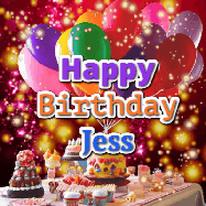 Happy Birthday Jess GIF: Animated happy birthday gif on a bright red glittery background and 3 lines of text reading Happy Birthday Customize