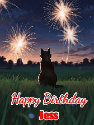 Happy Birthday Jess GIF: An animated gif at night showing the backside of a sitting cat who watches sparkle and fireworks over a meadow. Customize name and happy birthday.