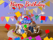 Happy Birthday Jess GIF: Happy Birthday Cake GIF with a cat, lamb, and squirrel on the cake with flickering candles, a sparkler, and falling confetti. Reads Happy Birthday Name and you can customize the name