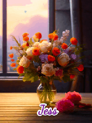 Happy Birthday Jess GIF: A vase of flowers and animated hearts pop in and out as the words Happy Birthday Name appears that you can customize