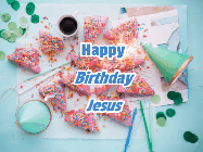 Happy Birthday Jesus GIF: Animated birthday gif that can be customized with name showing flowing confetti over a birthday party place setting.