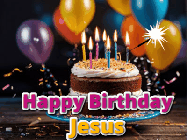 Happy Birthday Jesus GIF: A birthday cake with flickering candles gif with text reading Happy Birthday and a Name slot to customize
