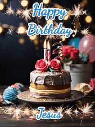 Happy Birthday Jesus GIF: Sparkles and glitter happy birthday gif with a cake and flickering candles and sparklers behind the words happy birthday customize