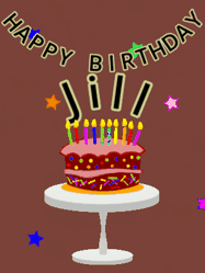 Happy Birthday Jill GIF: Animated birthday gif of a chocolate cartoon cake and stars. Animated text can be customized with name.