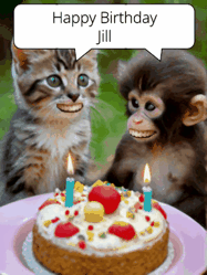 Happy Birthday Jill GIF: GIF with monkey and cake with birthday cake, flickering candles, they talk, a camera flash, big goofy smiles.