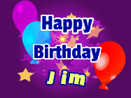 Happy Birthday Jim GIF: A lovely purple birthday gif animated with moving text, a balloon, and bubbles. Customize it.