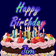 Happy Birthday Jim GIF: A dark blue birthday gif with a beautiful cake with flickering candles, background sparkles and a name to customize.