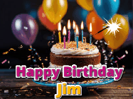 Happy Birthday Jim GIF: A birthday cake with flickering candles gif with text reading Happy Birthday and a Name slot to customize