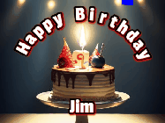 Happy Birthday Jim GIF: Animated happy birthday gif with a cake and flickering candles with colorful falling confetti and text reading Happy Birthday