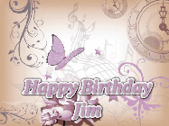 Happy Birthday Jim GIF: Classical birthday gif background with colorful musical notes floating past and a name you can customize, reads Happy Birthday.