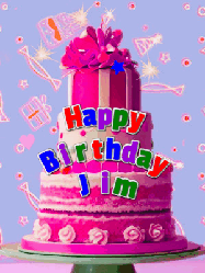 Happy Birthday Jim GIF: A big beautiful birthday cake gif with falling confetti, sparklers, and balloons, reads Happy Birthday Name. Customize it.