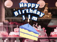 Happy Birthday Jim GIF: A cake shop background with a slice of cake and animated candle reading Happy Birthday Customize.