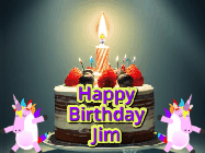 Happy Birthday Jim GIF: An animated gif with 2 unicorns and a birthday candle on a cake.