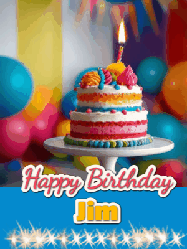 Happy Birthday Jim GIF: A birthday card gif with a cake and candle and a blue ribbon with animated sparklers. Reads Happy Birthday Name