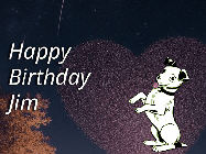 Happy Birthday Jim GIF: Happy Birthday GIF at night with a cute drawn dog, floating balloons, and a shooting star in front of a heart shaped star formation.
