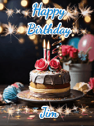 Happy Birthday Jim GIF: Sparkles and glitter happy birthday gif with a cake and flickering candles and sparklers behind the words happy birthday customize
