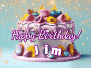 Happy Birthday Jim GIF: A beautiful birthday cake gif with animated sparkles and glitter Happy Birthday Name you can customize