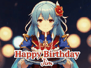 Happy Birthday Jim GIF: Anime girl holding a birthday cake and an animated sword falls into it. Text reads Happy Birthday Customize