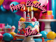 Happy Birthday Jim GIF: Animated birthday gif with a beautiful colorful birthday can and sparkles in the air. It reads Happy Birthday Customize.