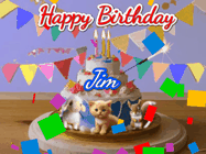 Happy Birthday Jim GIF: Happy Birthday Cake GIF with a cat, lamb, and squirrel on the cake with flickering candles, a sparkler, and falling confetti. Reads Happy Birthday Name and you can customize the name