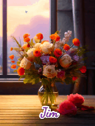 Happy Birthday Jim GIF: A vase of flowers and animated hearts pop in and out as the words Happy Birthday Name appears that you can customize